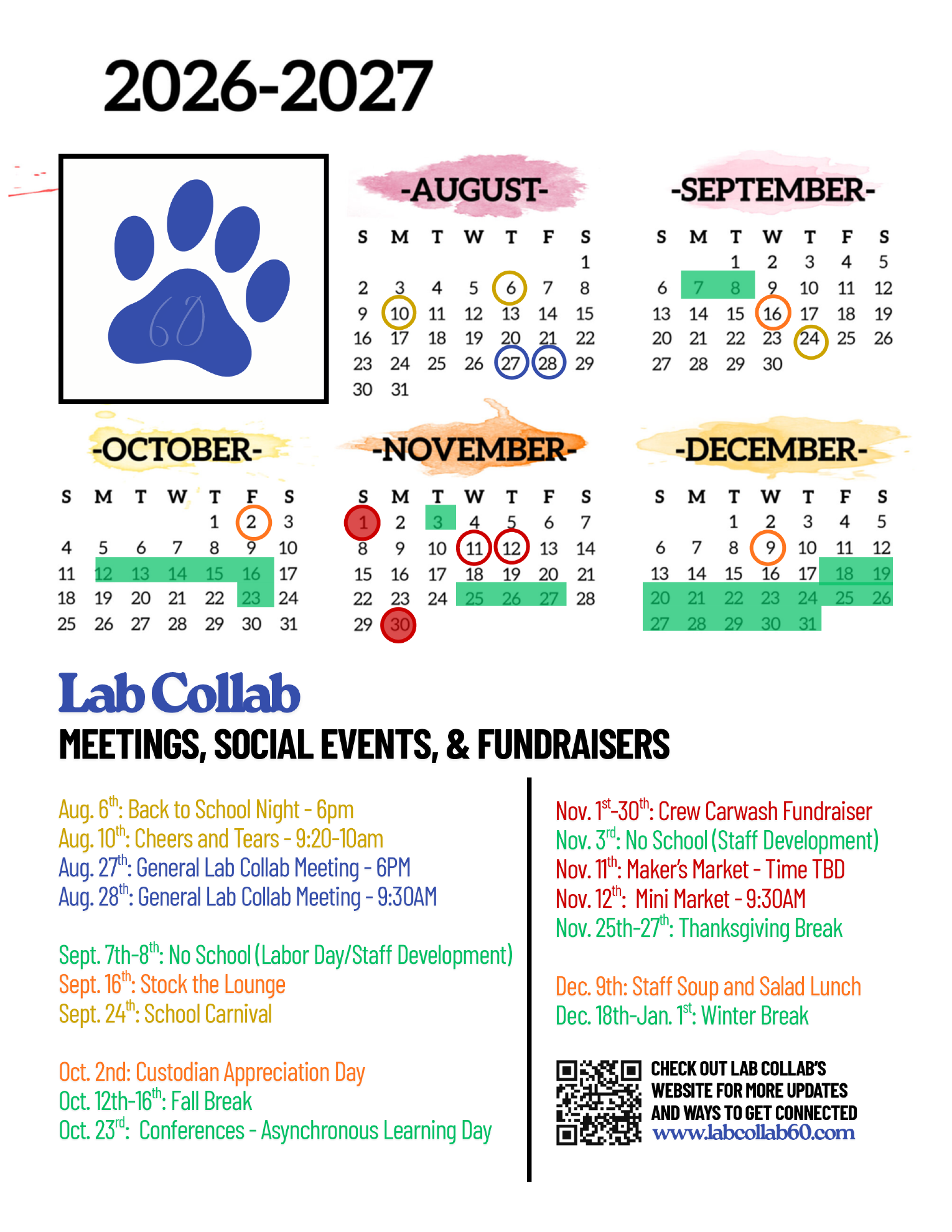 2026-2027 Lab Collab calendar showing August through December 2026 events, fundraisers, and school breaks